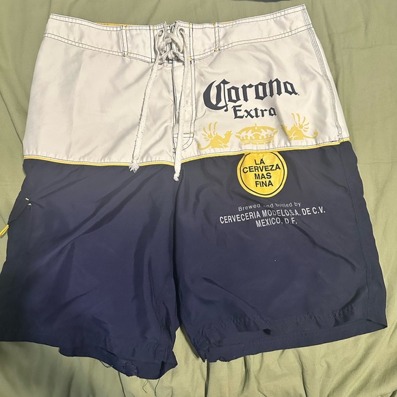 Corona Other - Corona Two-Tone Logo Swim Trunks in White, Navy & Yellow
